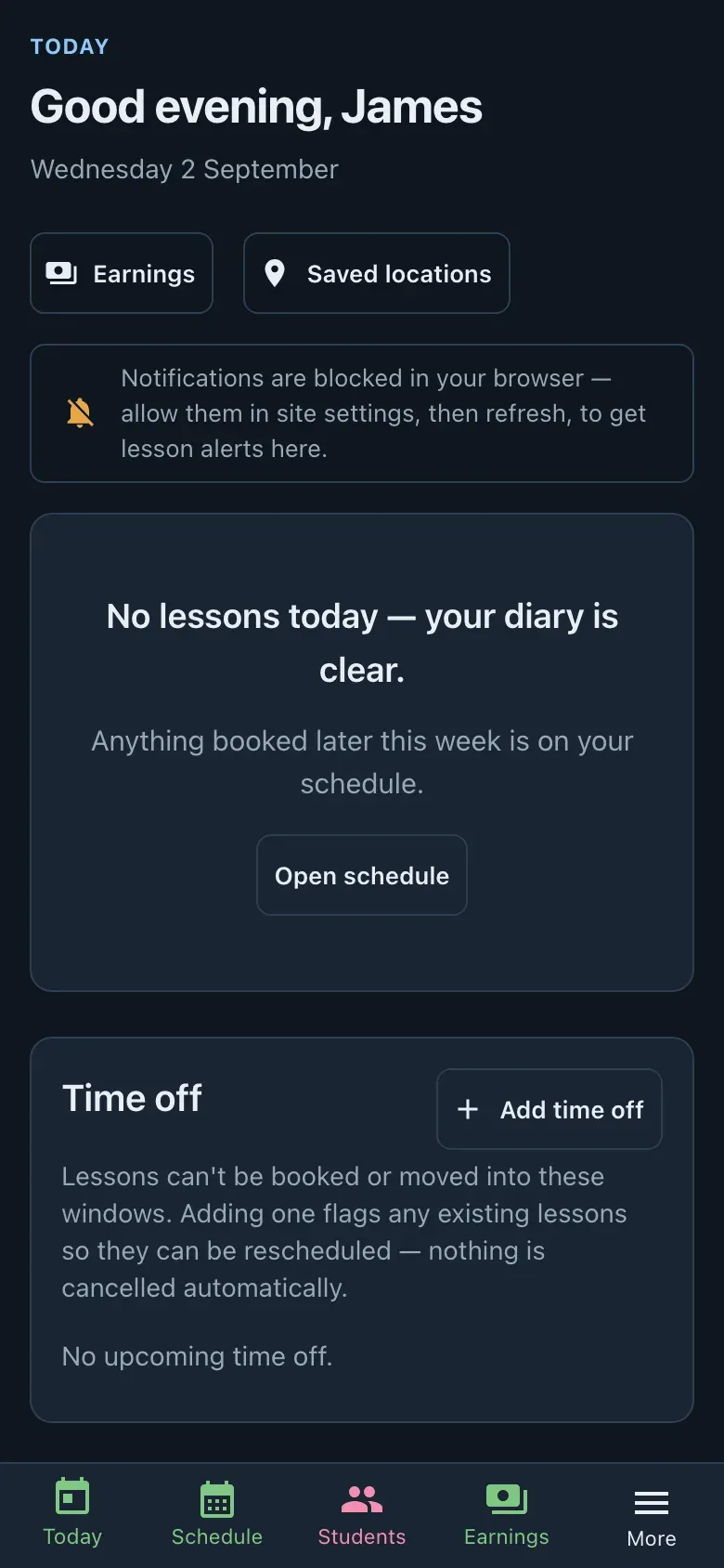 Passdesk instructor's Today screen on a phone: greeting, today's lessons and time off, with the bottom navigation.