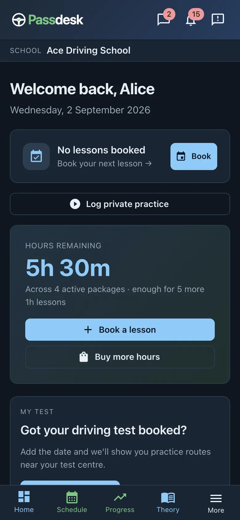 Passdesk student home on a phone: next lesson, hours remaining, book-a-lesson and log-private-practice actions.